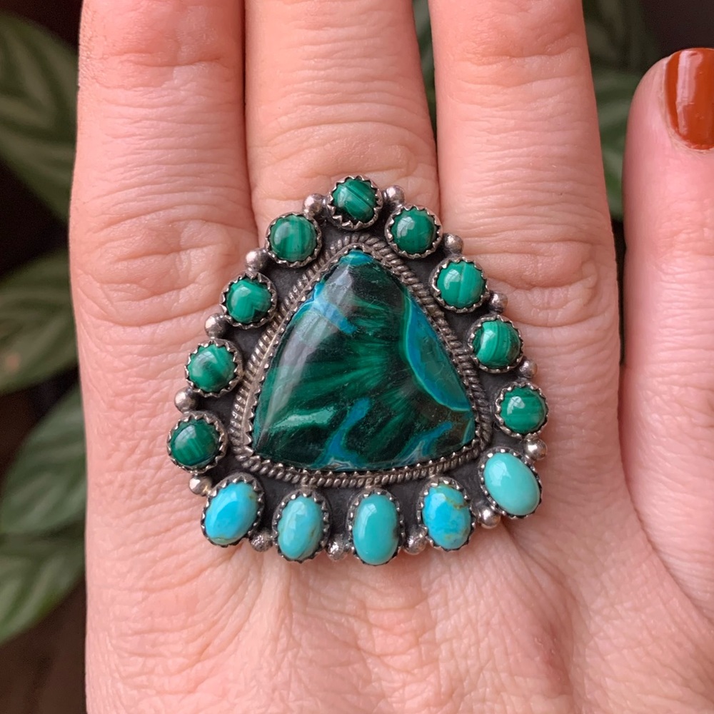 Turquoise, Azurite & Malachite 925 Sterling Silver adjustable ring